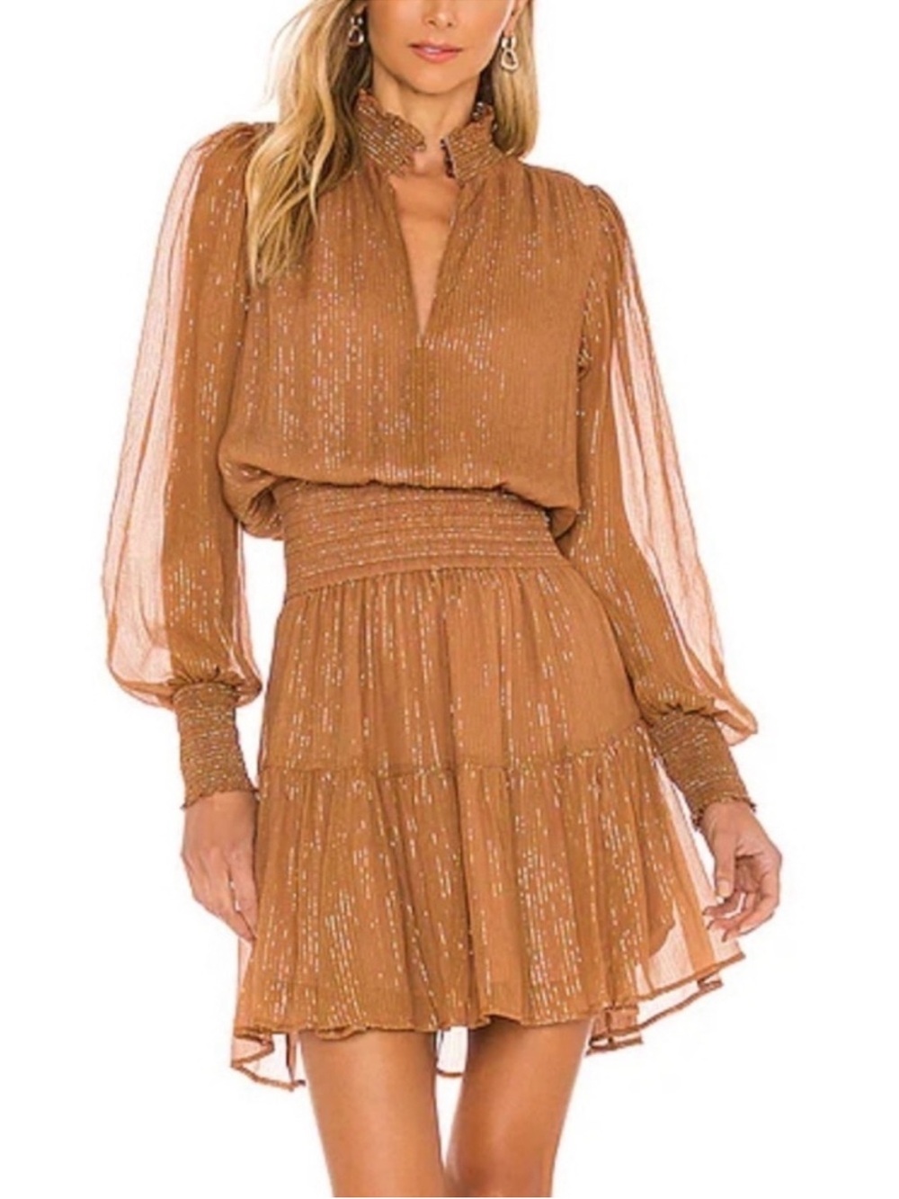 A.L.C. Copper-Brown Metallic Smocked Waist Mini Dress